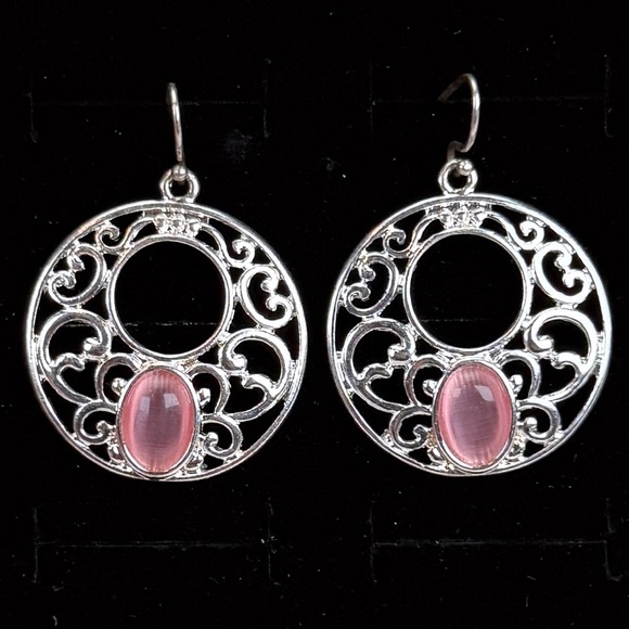 Beautiful Silvertone and pink lightweight pierced dangle earrings